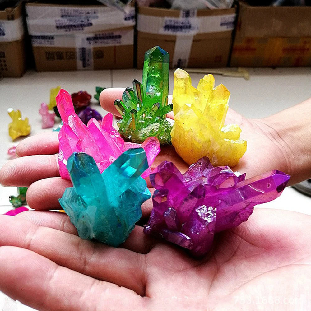 Natural White Quartz Cluster with Colorful Mineral Plating – Healing Crystal Specimen & Ornaments