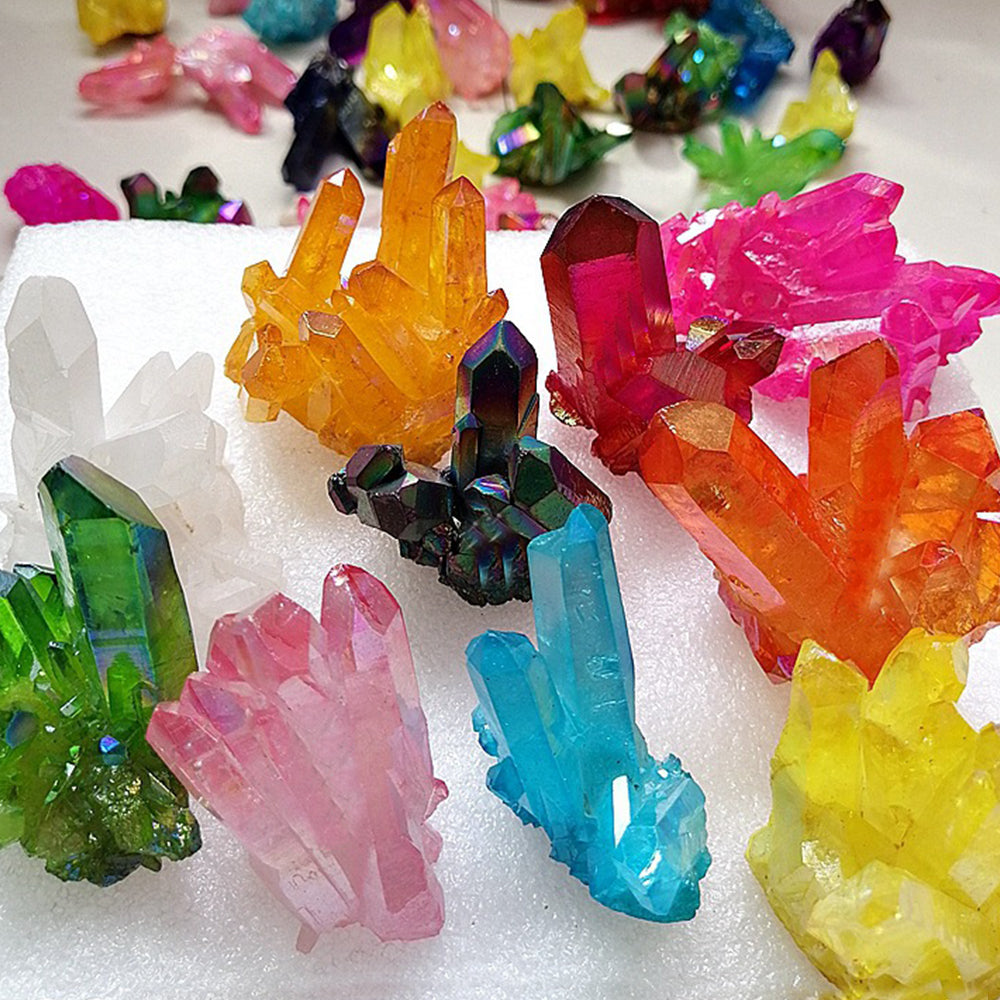 Natural White Quartz Cluster with Colorful Mineral Plating – Healing Crystal Specimen & Ornaments