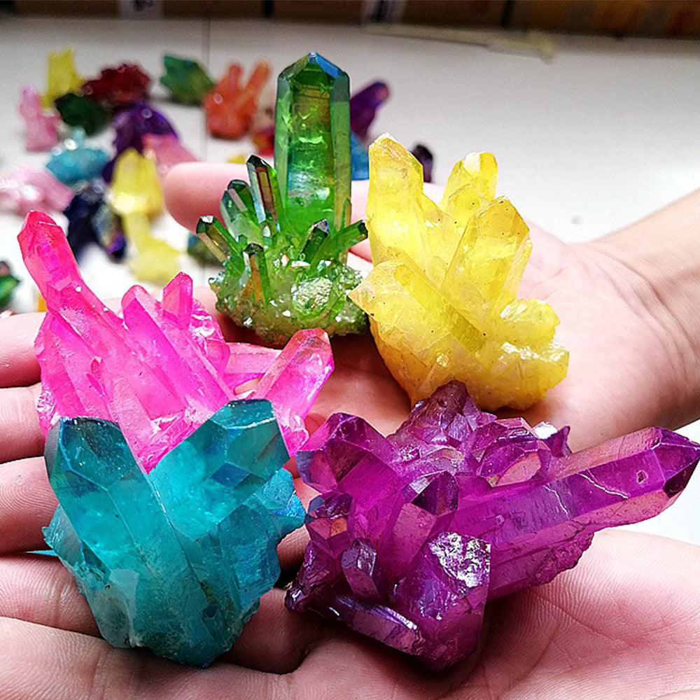 Natural White Quartz Cluster with Colorful Mineral Plating – Healing Crystal Specimen & Ornaments
