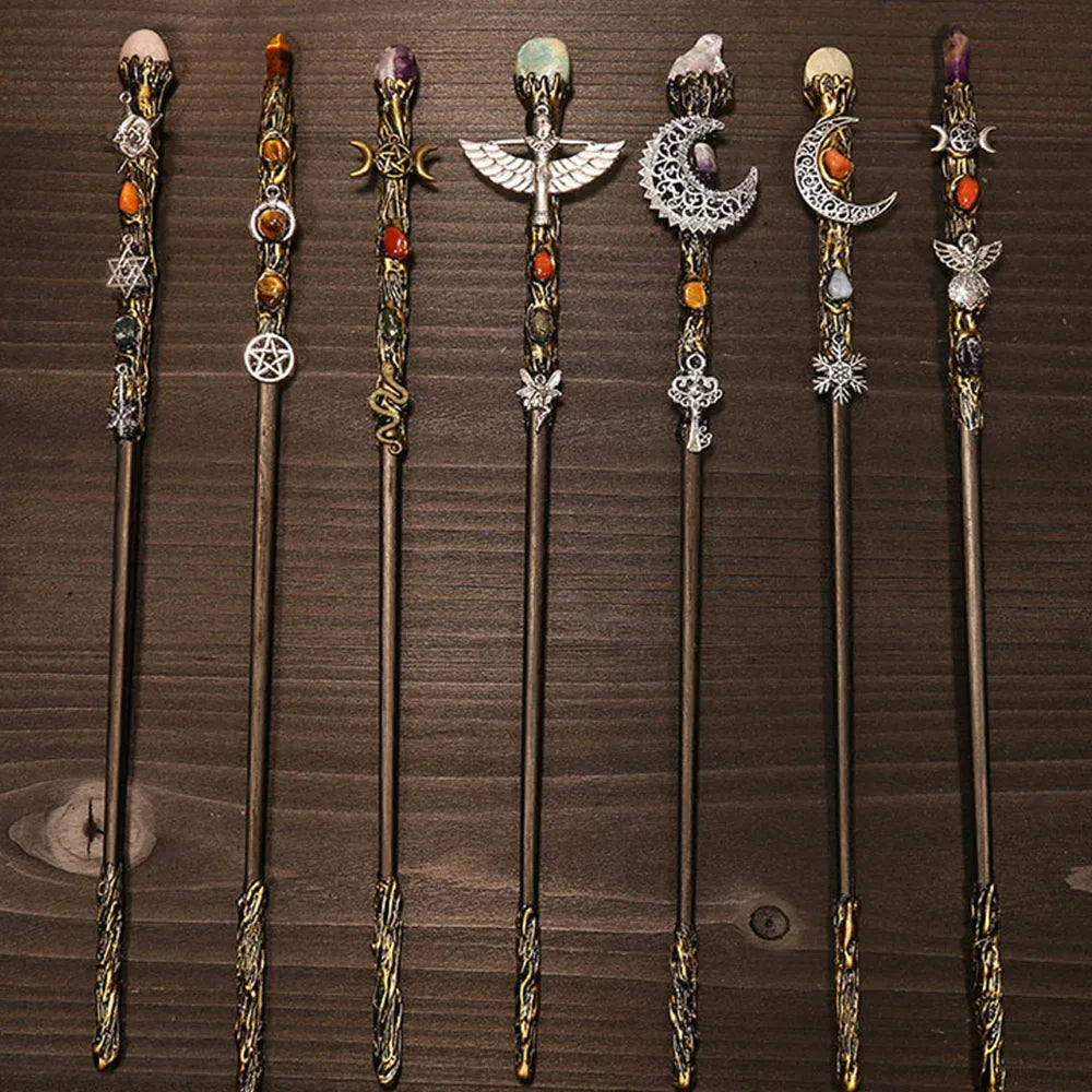 Natural Crystal Scepter Wiccan Wand Magic Altar Ornament Vintage Fairy Wood Stick Props Accessories Handmade Unique Jewelry Gift