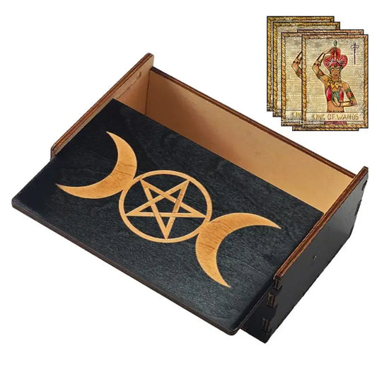 Vintage Wooden Tarot Card Storage Box with Sliding Lid