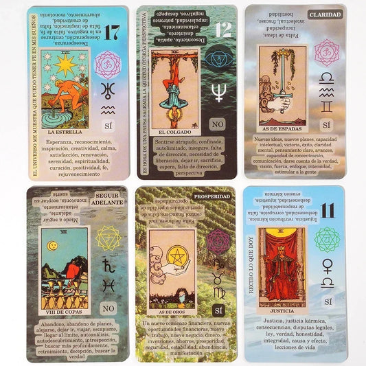 Spanish Cartas de Tarot para principiantes, con sus significados clave, planetas, zodiaco, significado de chakras.