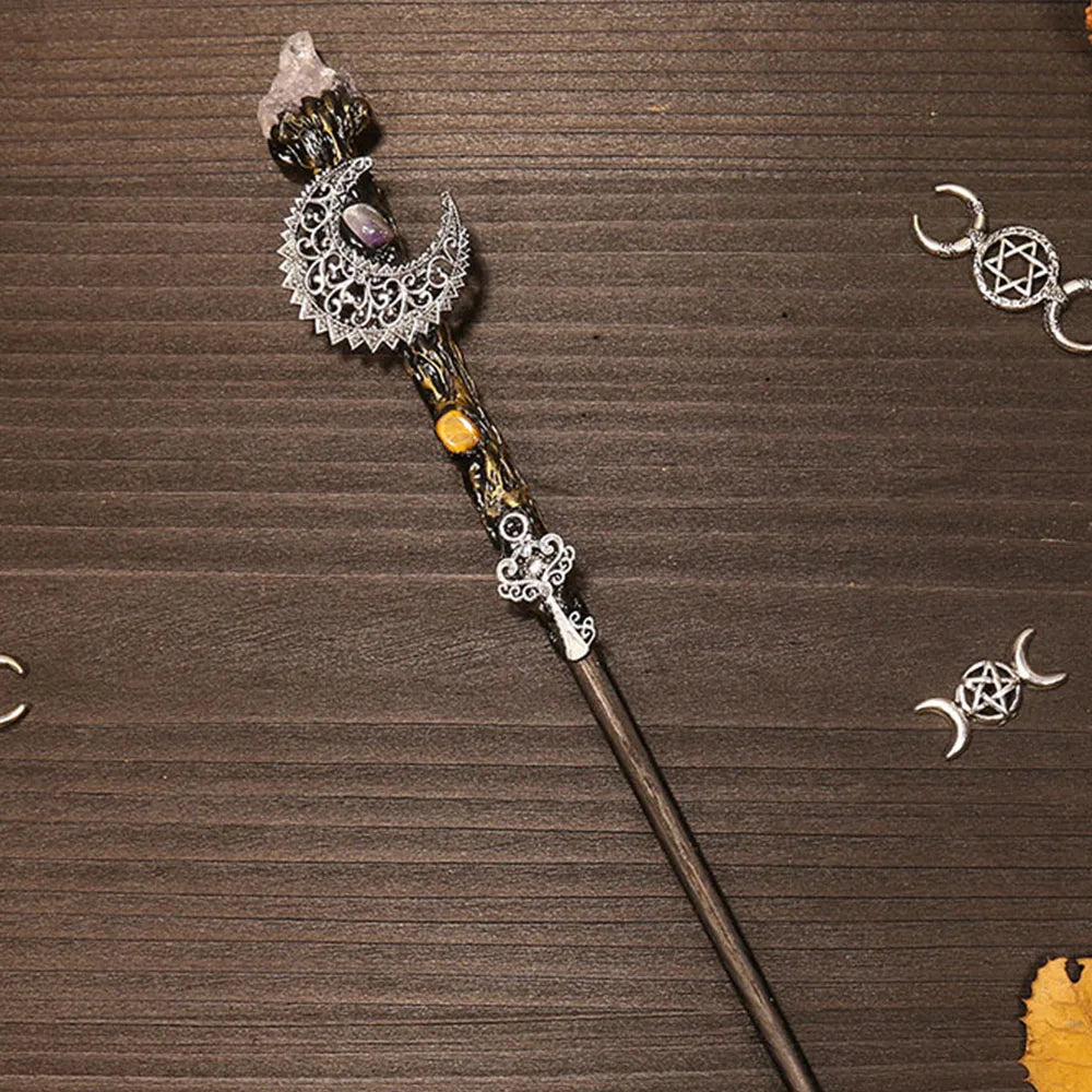 Natural Crystal Scepter Wiccan Wand Magic Altar Ornament Vintage Fairy Wood Stick Props Accessories Handmade Unique Jewelry Gift