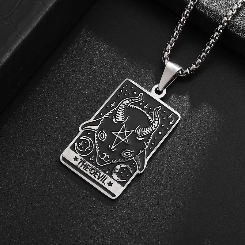 Men Women Stainless Steel Gothic Tarot Card Sheep Head Inverted Five-Pointed Star Pendant Necklace Retro Punk Jewelry