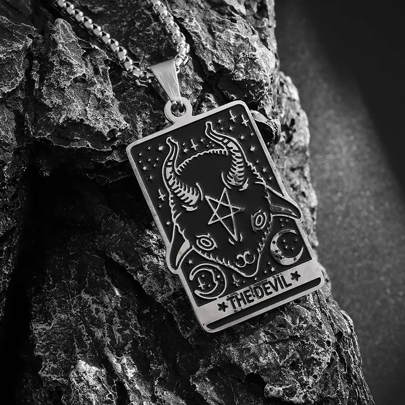 Men Women Stainless Steel Gothic Tarot Card Sheep Head Inverted Five-Pointed Star Pendant Necklace Retro Punk Jewelry