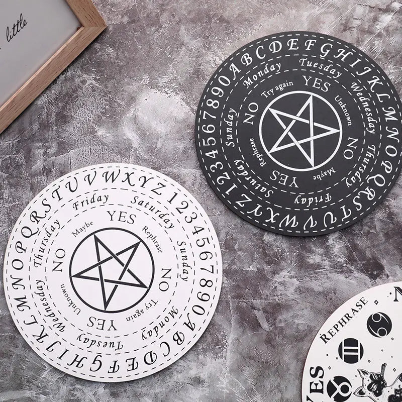 DIY Wooden Pendulum Board – Black & White with Stars, Sun, & Moon for Divination & Metaphysical Altar Decor