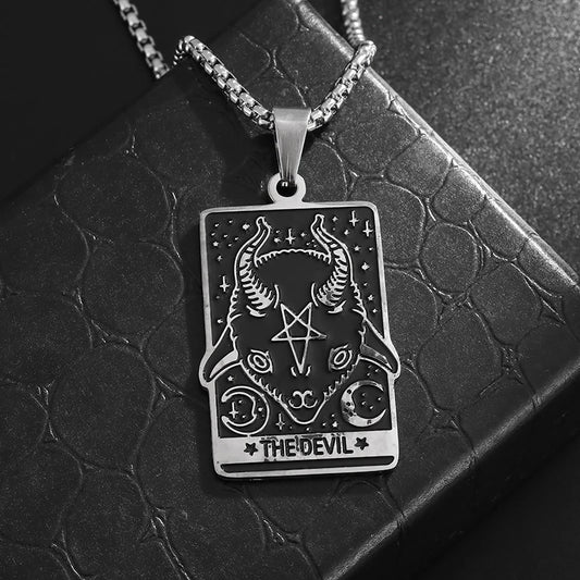 Men Women Stainless Steel Gothic Tarot Card Sheep Head Inverted Five-Pointed Star Pendant Necklace Retro Punk Jewelry