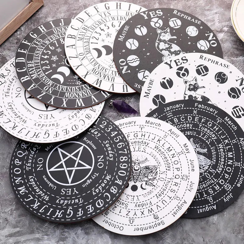 DIY Wooden Pendulum Board – Black & White with Stars, Sun, & Moon for Divination & Metaphysical Altar Decor