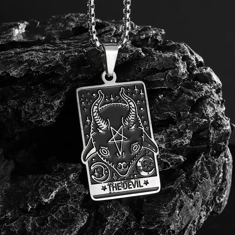 Men Women Stainless Steel Gothic Tarot Card Sheep Head Inverted Five-Pointed Star Pendant Necklace Retro Punk Jewelry