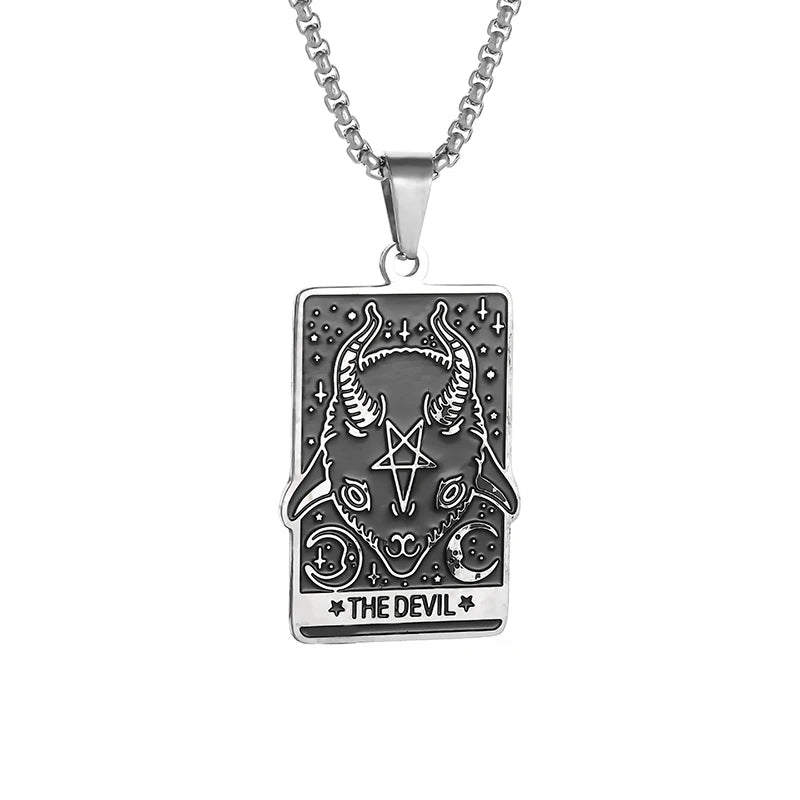 Men Women Stainless Steel Gothic Tarot Card Sheep Head Inverted Five-Pointed Star Pendant Necklace Retro Punk Jewelry